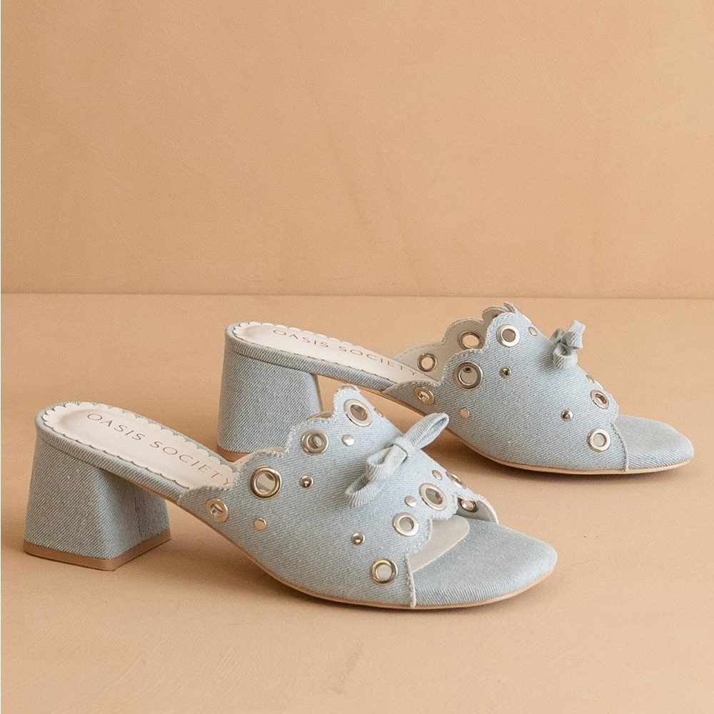 Oasis Society Light Blue Grommet Block Heel Mules